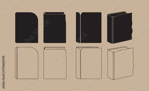 Collection of black book covers and outlines on beige background