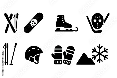 Winter activities silhouette icon set. skiing, snowboarding, skating symbols collection