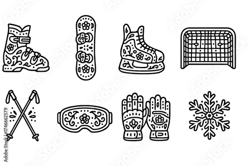 Winter sports outline icon set. skiing, snowboarding, ice skating, hockey icons.