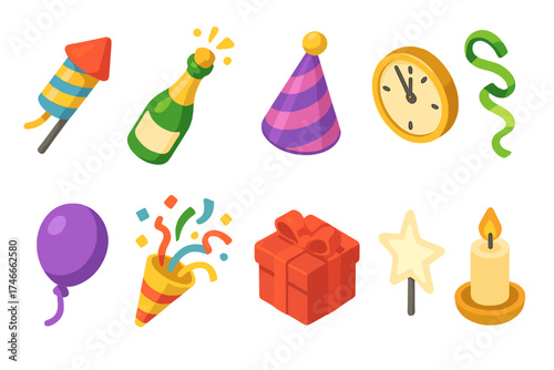 New year celebration flat icon set. party, festive elements in flat style