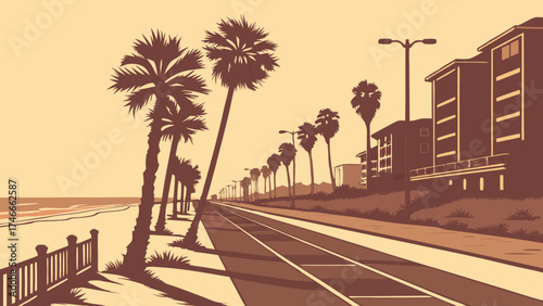 Coastal Road with Palm Trees and Buildings at Sunset.