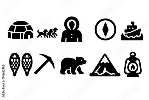 Arctic adventure silhouette icon set. polar expedition and exploration icons collection