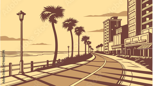 Coastal Road at Sunset Palm Trees Buildings Ocean View Summer Vacation Seaside Promenade Travel Poster Retro Style Illustration.