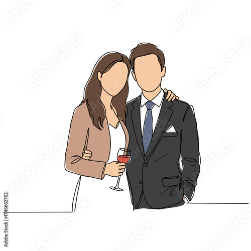 Elegant couple celebrating with drinks in formal attire  