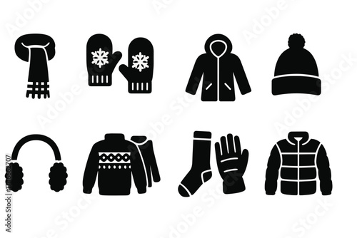 Winter clothing silhouette icon set. warm attire, cozy accessories silhouette icons.