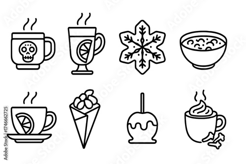 Winter drinks and treats outline icon set. cozy seasonal beverage and dessert collection