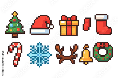 Christmas, holiday pixel icon set. festive, celebratory icons in pixel style collection