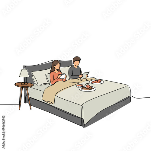 Young couple enjoying breakfast in bed with coffee and food  