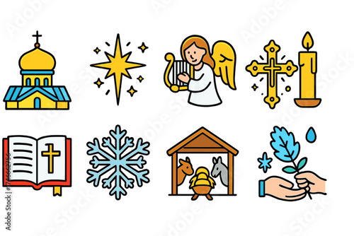 Christian, christmas filled icon set. worship, faith, candle, bible icons collection