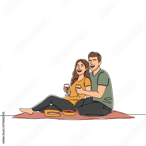 Happy couple enjoying picnic on blanket with snacks and drinks  