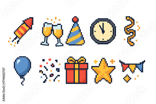 Celebration and party pixel icon set. festive, holiday, party icons in pixelated style