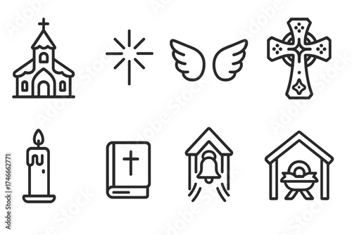 Religious, christianity line icon set. faith, church, bible, worship symbols collection