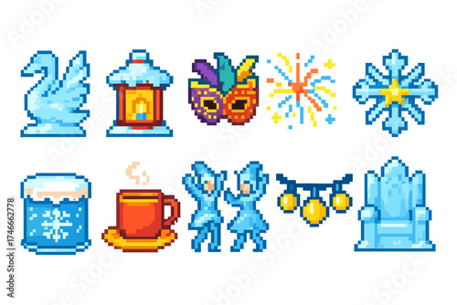 Pixel art holiday icon set. festive seasonal icons in flat pixel style.
