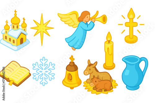 Christmas, nativity, holiday icon set. festive season, religious icons filled collection