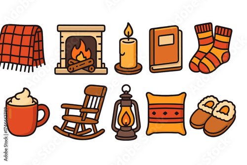 Cozy winter flat icon set. warmth, relaxation, and comfort icons collection.