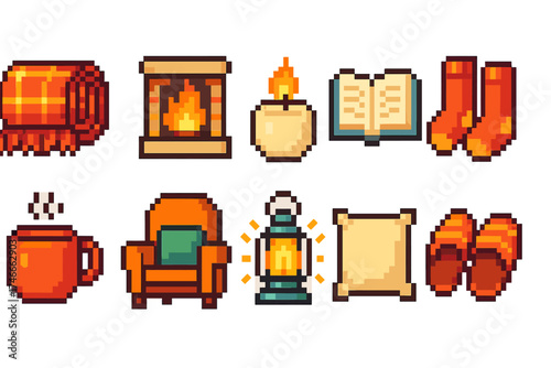 Cozy autumn solid icon set. warm, hygge symbols for fall relaxation and comfort
