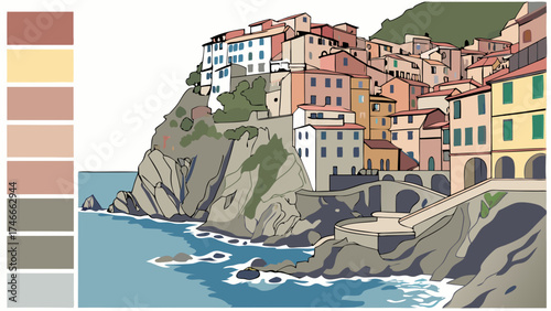Coastal Town Illustration Cliffside Village Mediterranean Architecture Seaside Houses Ocean View Summer Vacation Travel Poster European Village Building Facades Scenic Landscape Artisti.