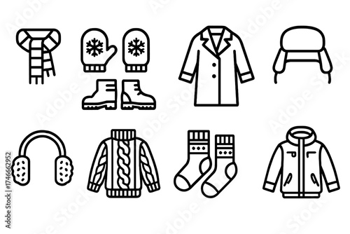 Winter clothing line icon collection. cozy, warm, seasonal wear outline icon set.
