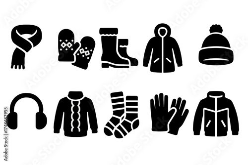 Winter clothing silhouette icon set. warm attire, jacket, scarf, hat silhouette collection