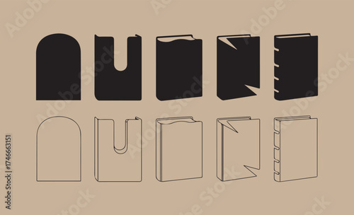 Collection of black book spine outlines and solid shapes on a tan background