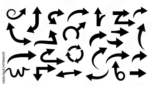 A collection of various black arrow silhouettes vector.