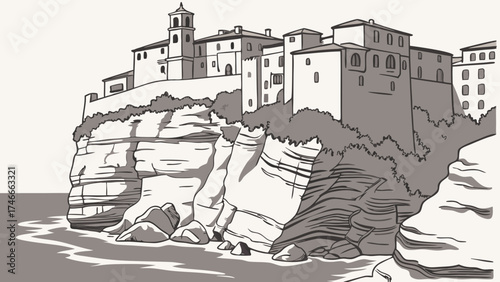 Coastal Town on Cliffs Seaside Village Illustration Black and White Drawing of European Architecture.