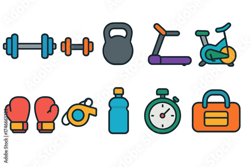 Fitness and gym flat icon set. workout equipment and exercise icons flat collection