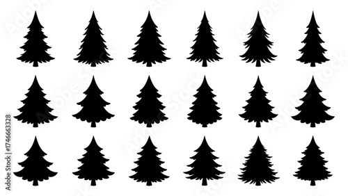 Set of black christmas tree silhouette vector design.