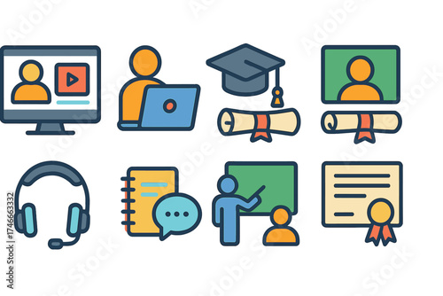 Online education flat icon set. e-learning, virtual classroom, graduation icons.