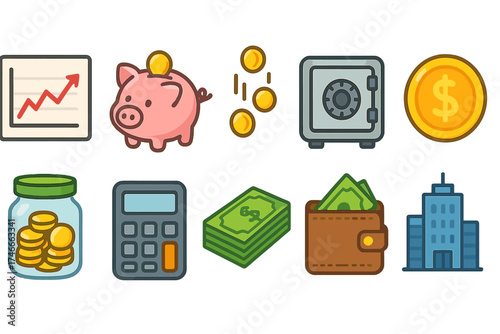 Finance and business flat icon set. money, savings, accounting in flat style