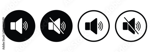 Sound volume icons set with different signal levels on white background. Аn icon that increases and reduces the sound. Sound icon, volume symbol, speaker sign, audio control icon set. Vector