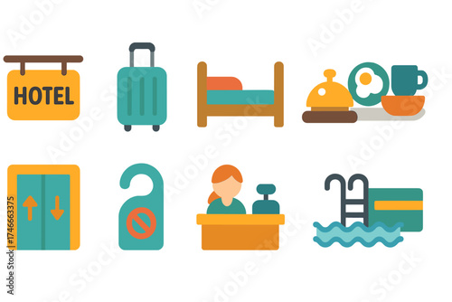 Hospitality, travel flat icon set. hotel, accommodation, service, booking, breakfast icons.