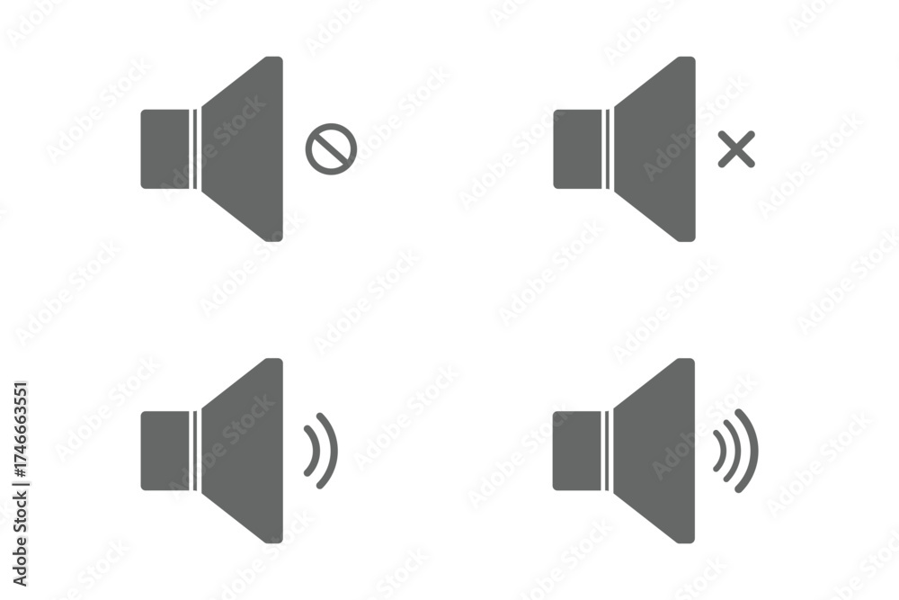 Obraz premium Speaker icon set with ring, mute, 50% volume and silent for smartphone user interface in black color. Sound volume icons set with different signal levels on white background. Sound icon, volume symbol