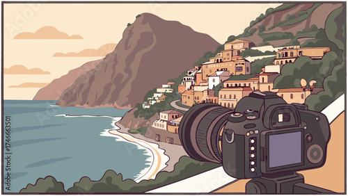 Coastal Town Seascape Photography Camera View Mediterranean Style Illustration.