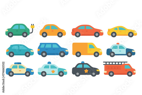 Electric and emergency vehicle flat icon set. cars, police, fire trucks flat collection.
