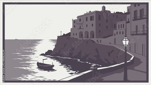 Coastal Town Seascape Monochromatic Illustration Calm Sea Cliffside Buildings Vintage Style.