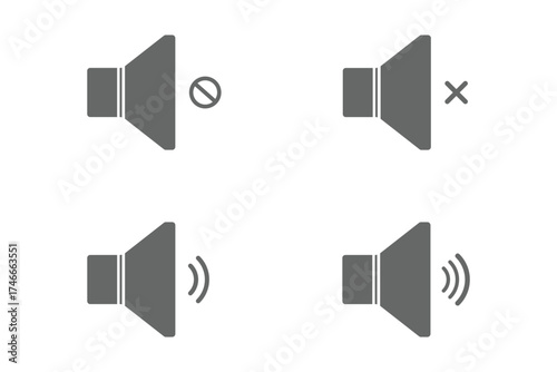 Speaker icon set with ring, mute, 50% volume and silent for smartphone user interface in black color. Sound volume icons set with different signal levels on white background. Sound icon, volume symbol