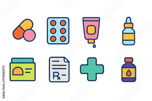 Pharmacy and medicine outline icon set. pills, bottles, healthcare linear collection