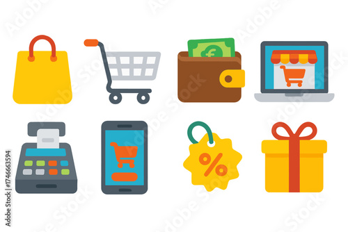Shopping and e-commerce flat icon set for online retail and digital marketplace