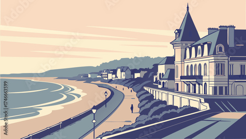 Coastal Town Seaside Promenade Ocean View Elegant Building Summer Vacation Illustration Pastel Colors.