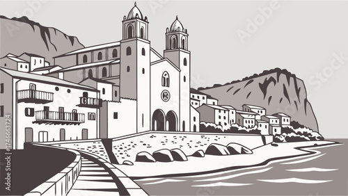 Coastal Town with Cathedral and Cliffs Black and White Illustration.