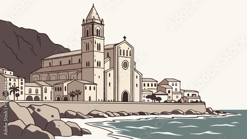 Coastal Town with Church and Ocean View Artistic Illustration.