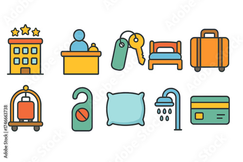 Travel and accommodation icon set. hotel, vacation icons in flat style collection.