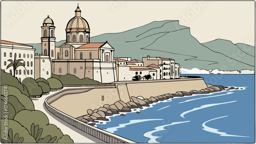 Coastal Town with Church and Ocean View Illustrated Landscape.
