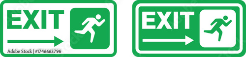 Vector illustration of green emergency exit signs with running man and directional arrows.