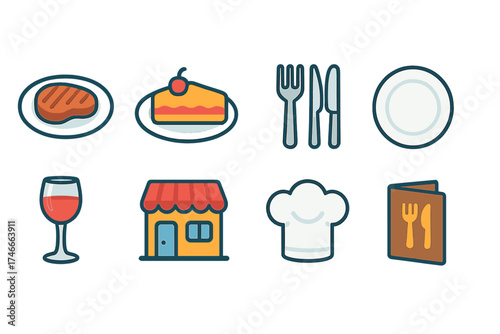 Restaurant, food filled icon set. dining, cuisine, utensils icons in a filled style