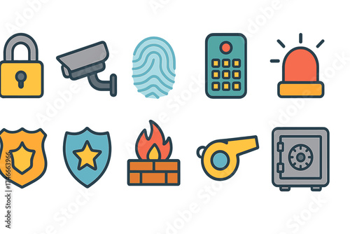 Security and safety icon set. flat icons for protection, alarm, and surveillance collection