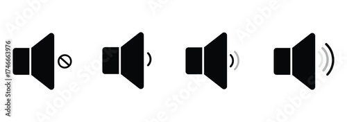Sound volume icons set with different signal levels on white background. Аn icon that increases and reduces the sound. Speaker icon set. volume icon vector. loudspeaker icon vector