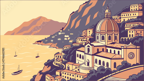 Coastal Town Sea View Mediterranean Architecture Vintage Style Illustration.