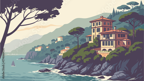 Coastal Villa Mediterranean Sea Summer Vacation Cliffside Houses Ocean View Travel Poster Seaside Property Idyllic Landscape Calm Sea Vintage Style Retro Design Summer Holiday Holiday.